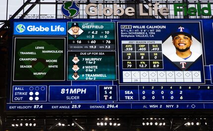 The scoreboard shows Texas Rangers left fielder Willie Calhoun (5) stats while he bats...