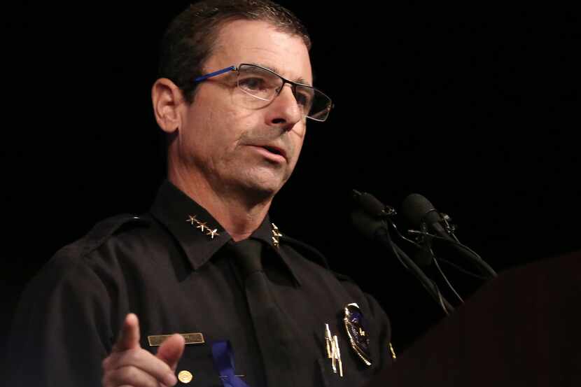Future Dallas interim police chief David Pughes speaks during a ceremony at El Centro...
