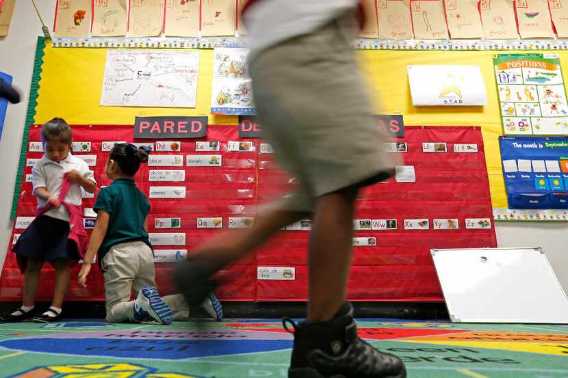 Alma Casiano (left) and Valeria Taboada play in a Pre-K classroom at N.W. Harllee Early...