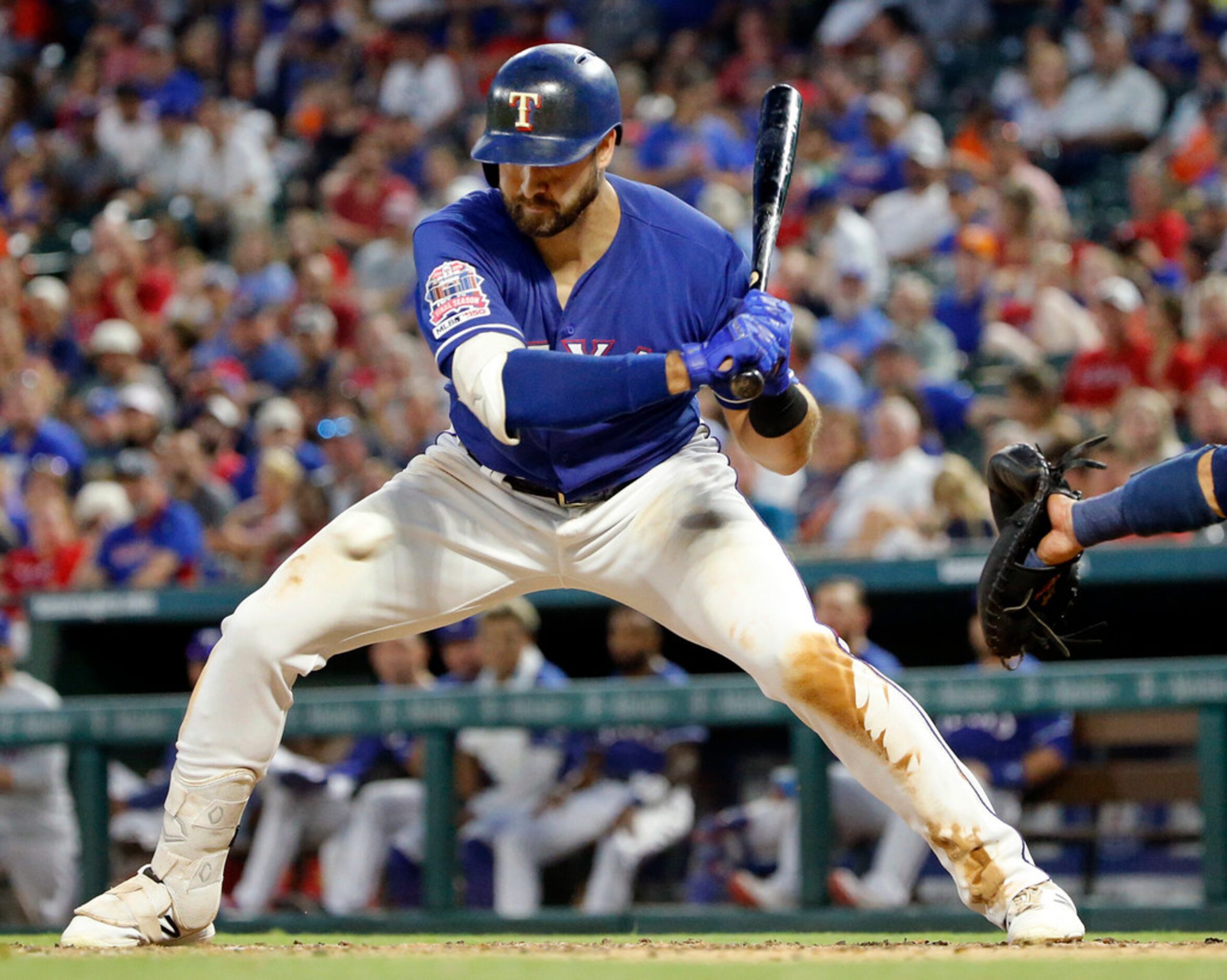 Texas Rangers Joey Gallo (13) looks at a third strike in the fourth inning against the...