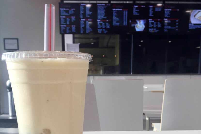 Peach-banana smoothie with boba at Boba Latte's new location in Richardson.