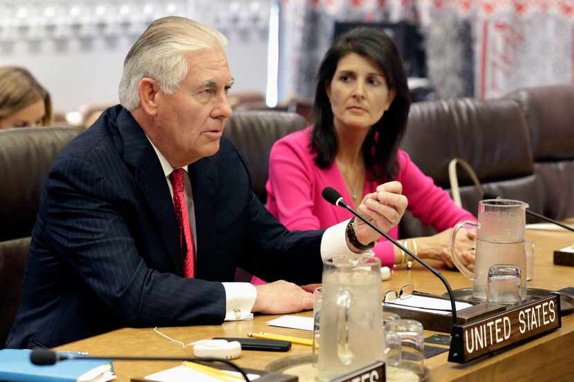 Secretary of State Rex Tillerson, accompanied by U.S. UN Ambassador Nikki Haley, speaks at...