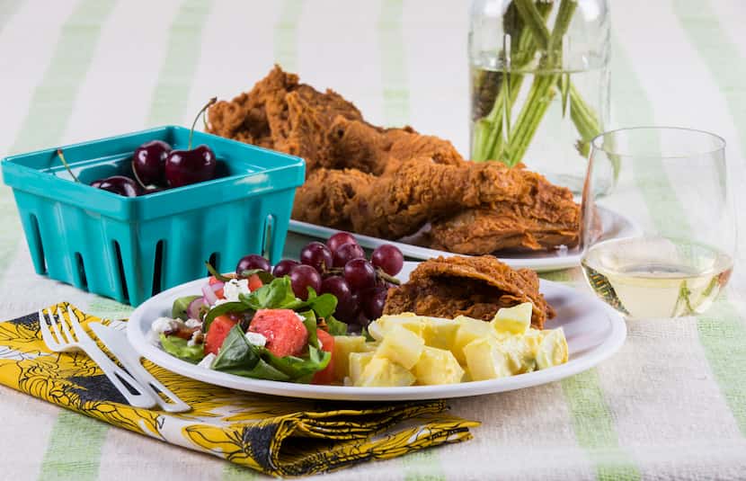Picnic items, including Bubba's Cooks Country fried chicken, Summer Watermelon Salad, Light...