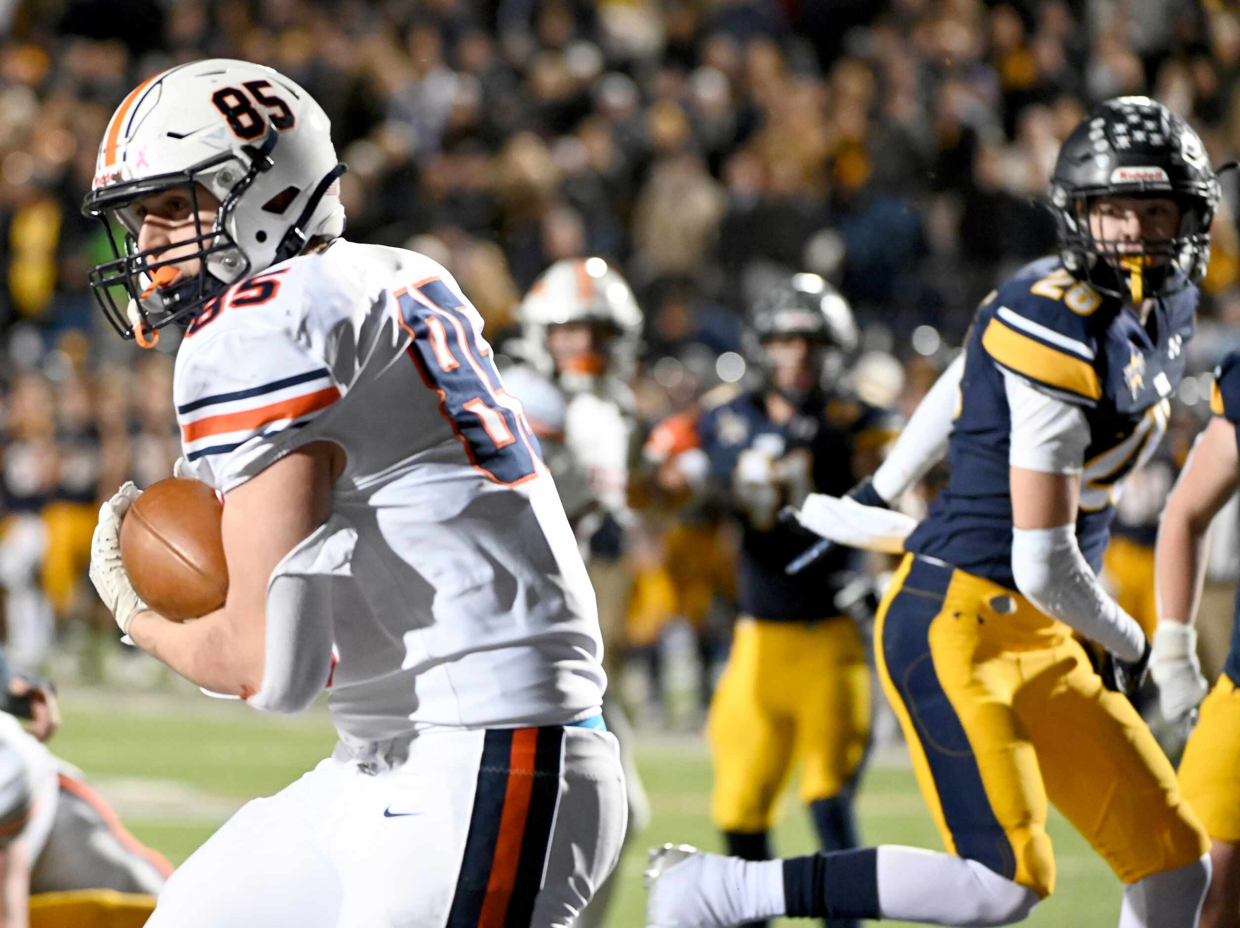 Wakeland's Tripp Riordan (85) catches a touchdown pass in the final minute of a Class 5A...