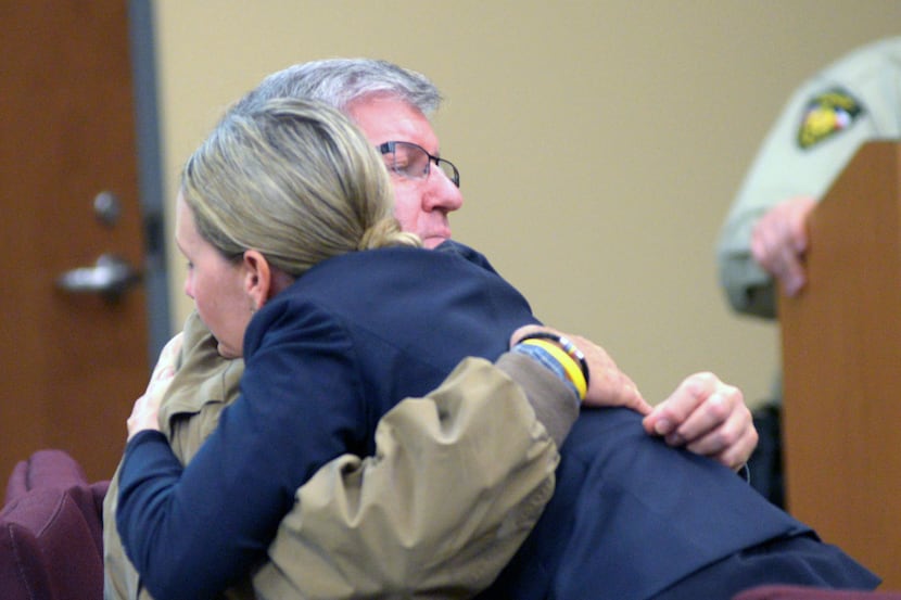  Bernie Tiede hugged attorney Jodi Coles at his April hearing. (Kevin Green/Longview...