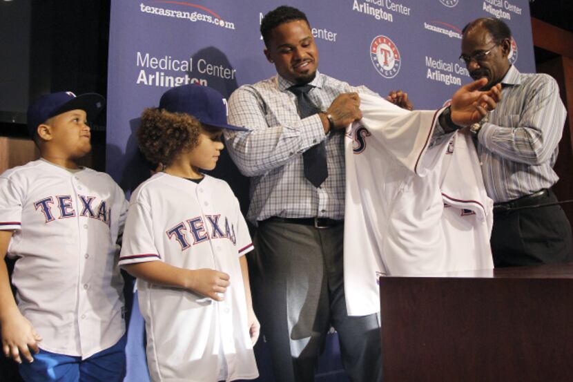 The Texas Rangers introduce Prince Fielder as the newest member of the team while being...