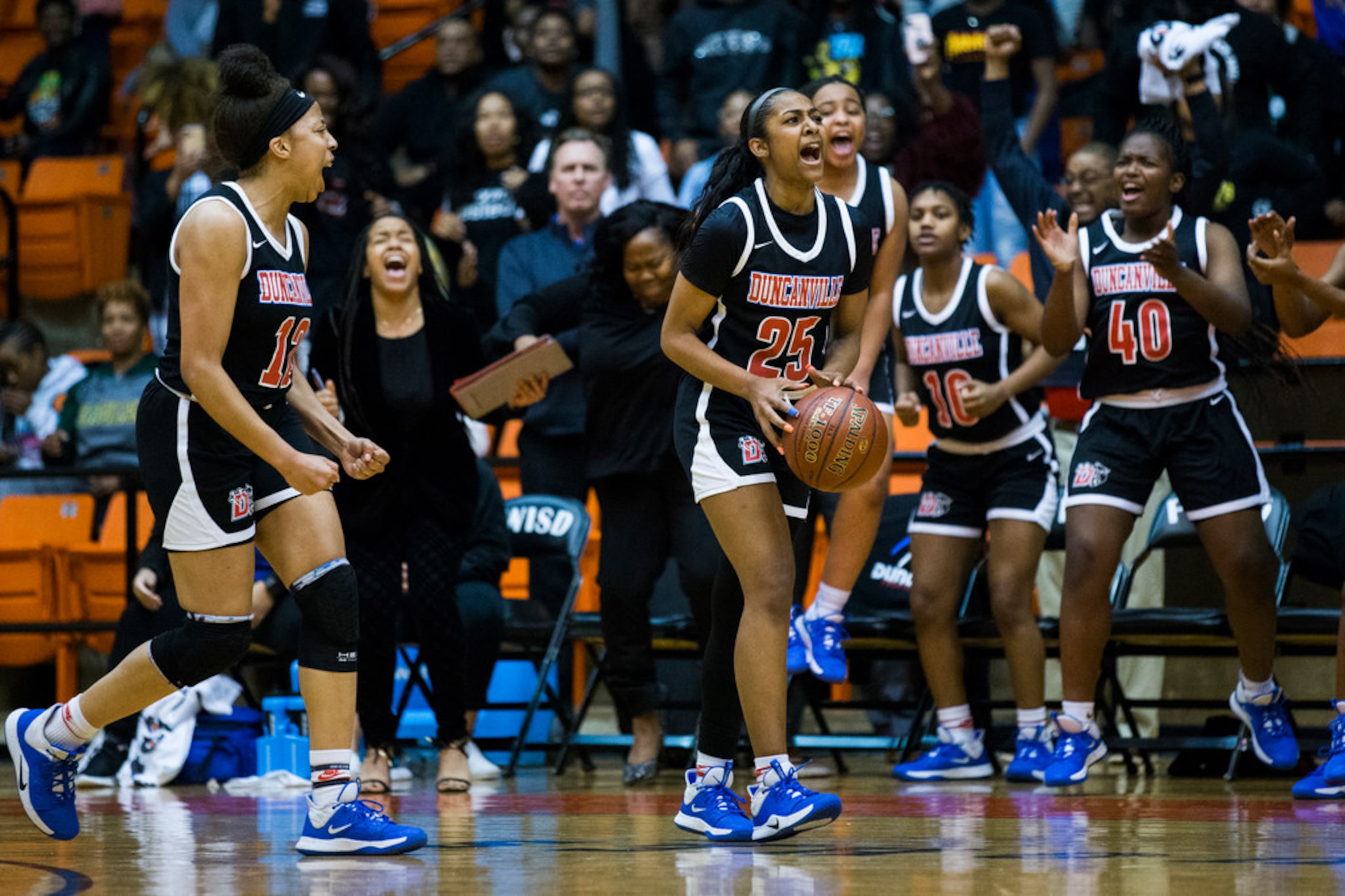 Duncanville's Deja Kelly (25) and her teammates celebrate a foul call during the fourth...