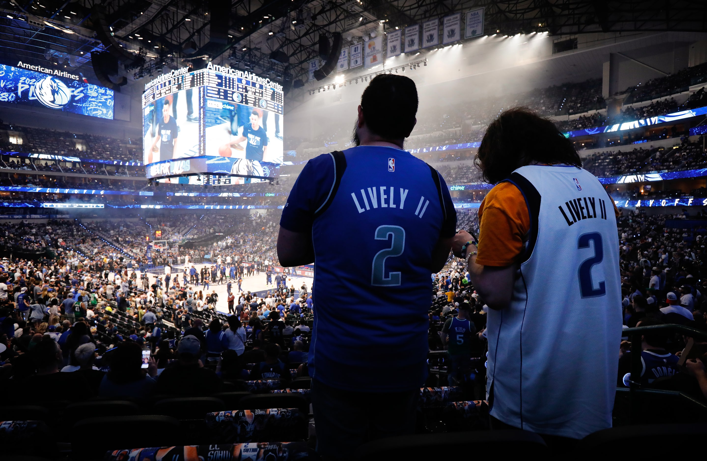 Dallas Mavericks fans wait for team introductions before Game 4 of the Western Conference...