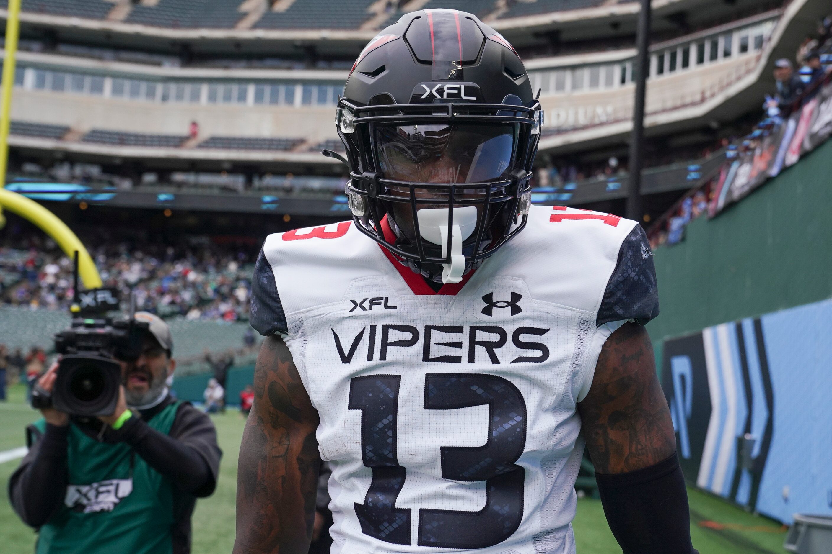 Vegas Vipers wide receiver Jeff Badet (13) looks at the camera  after scoring a touchdown in...