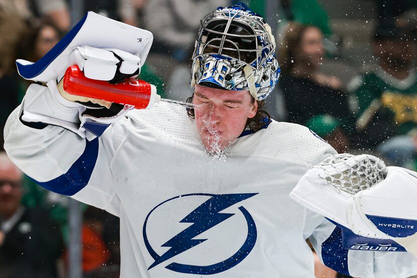 Tampa Bay Lightning goaltender Andrei Vasilevskiy (88) cools off during a break in play at...