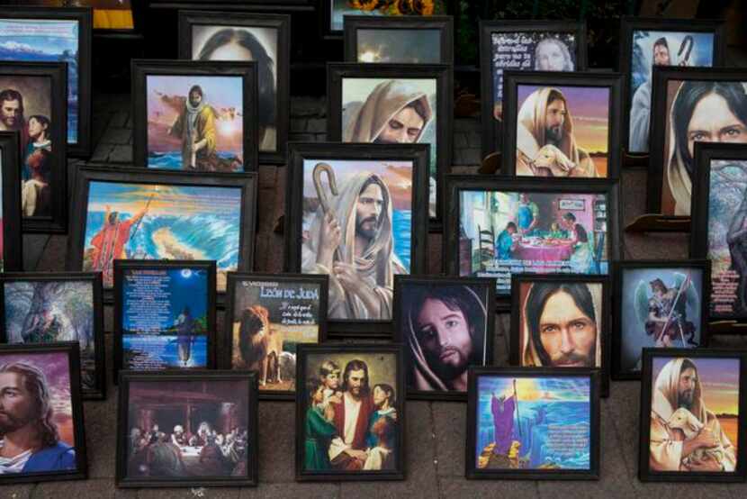 
Images of Jesus are displayed for sale in the main plaza in Xochimilco. 
