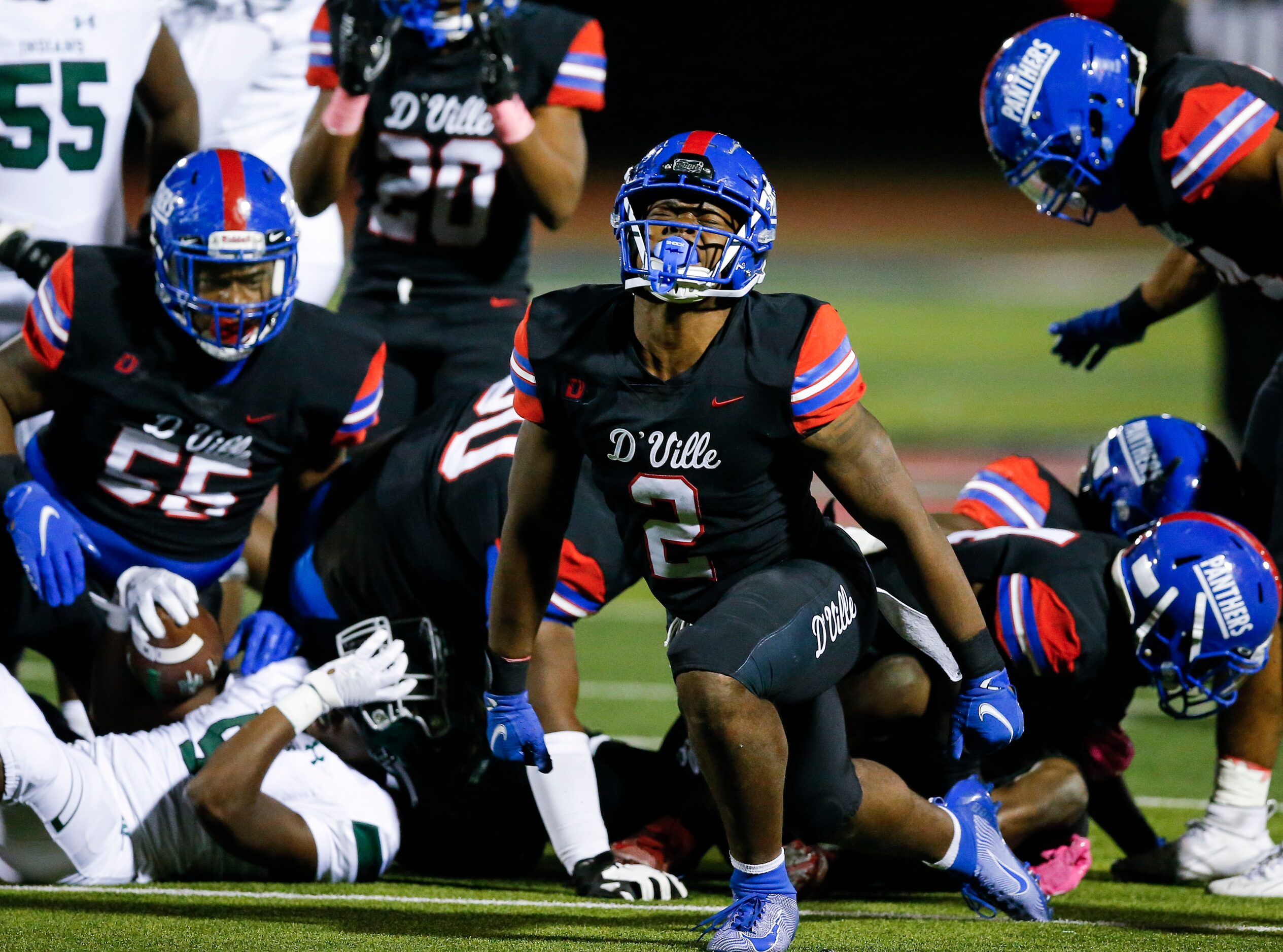 Duncanville senior linebacker Jordan Crook (2) celebrates a third down stop during the...