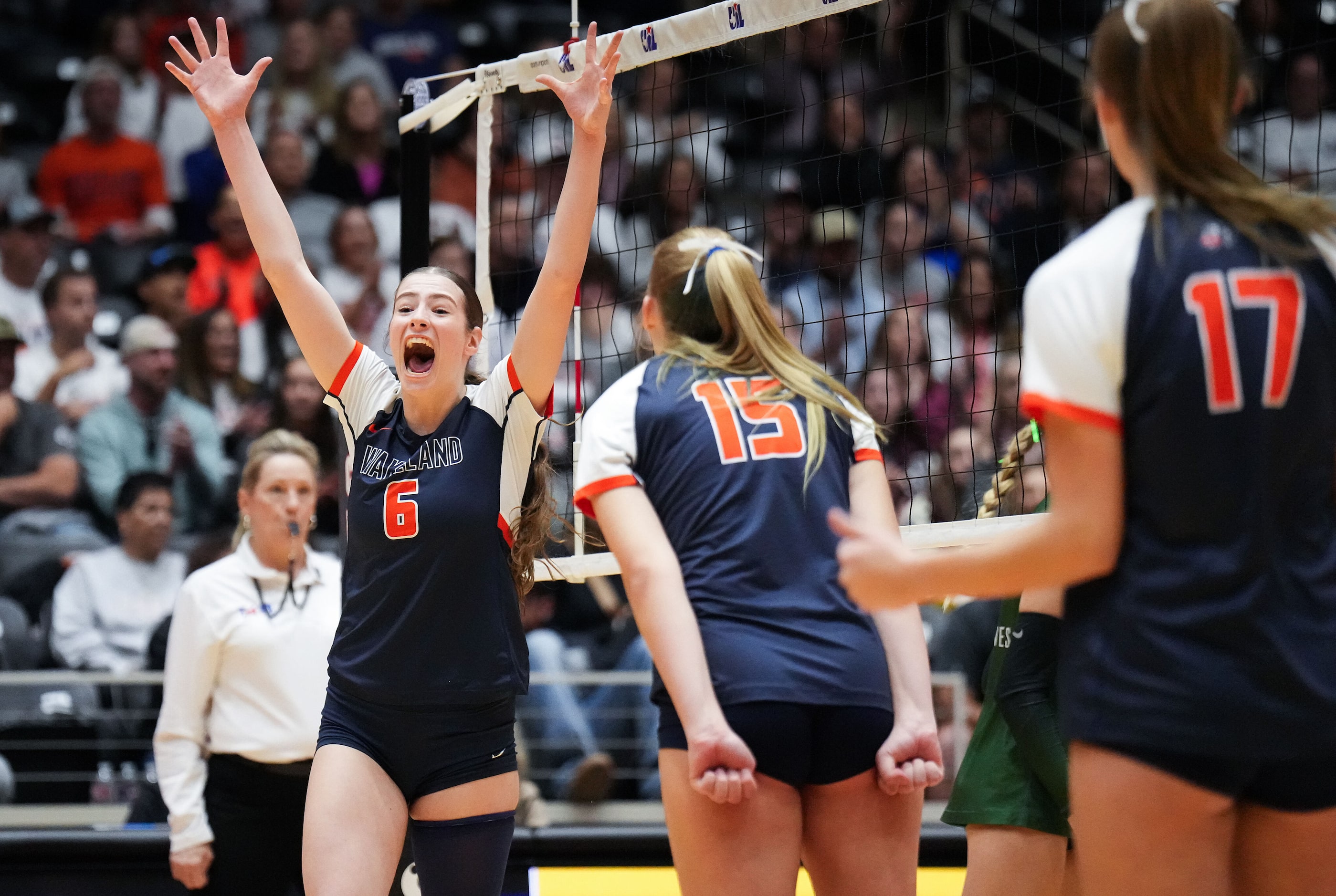 Frisco Wakeland's Hannah Lee (6) celebrates a point during the UIL Class 5A Division II...