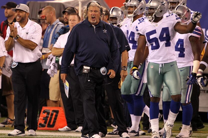 Dallas Cowboys Defensive Coordinator Rob Ryan reacts to a key first down made by the offense...