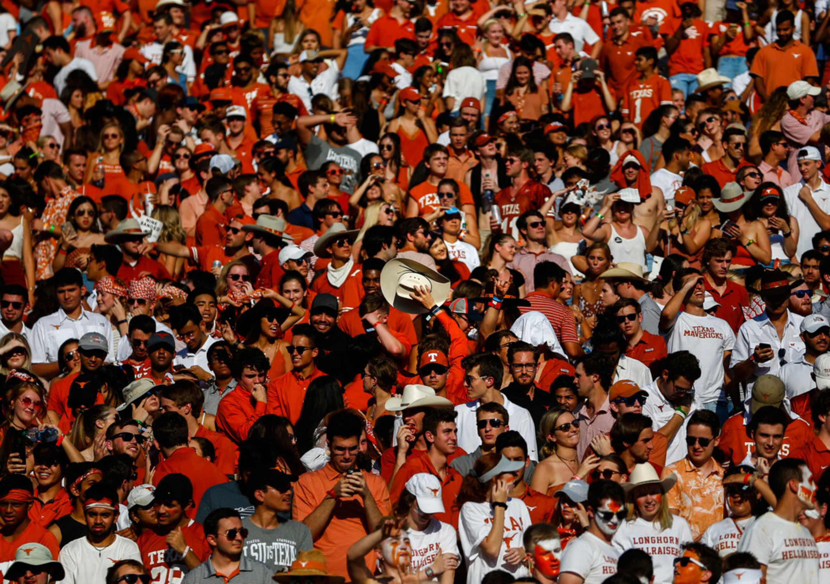 Texas Longhorns fans fill the stands prior to a college football game between the University...