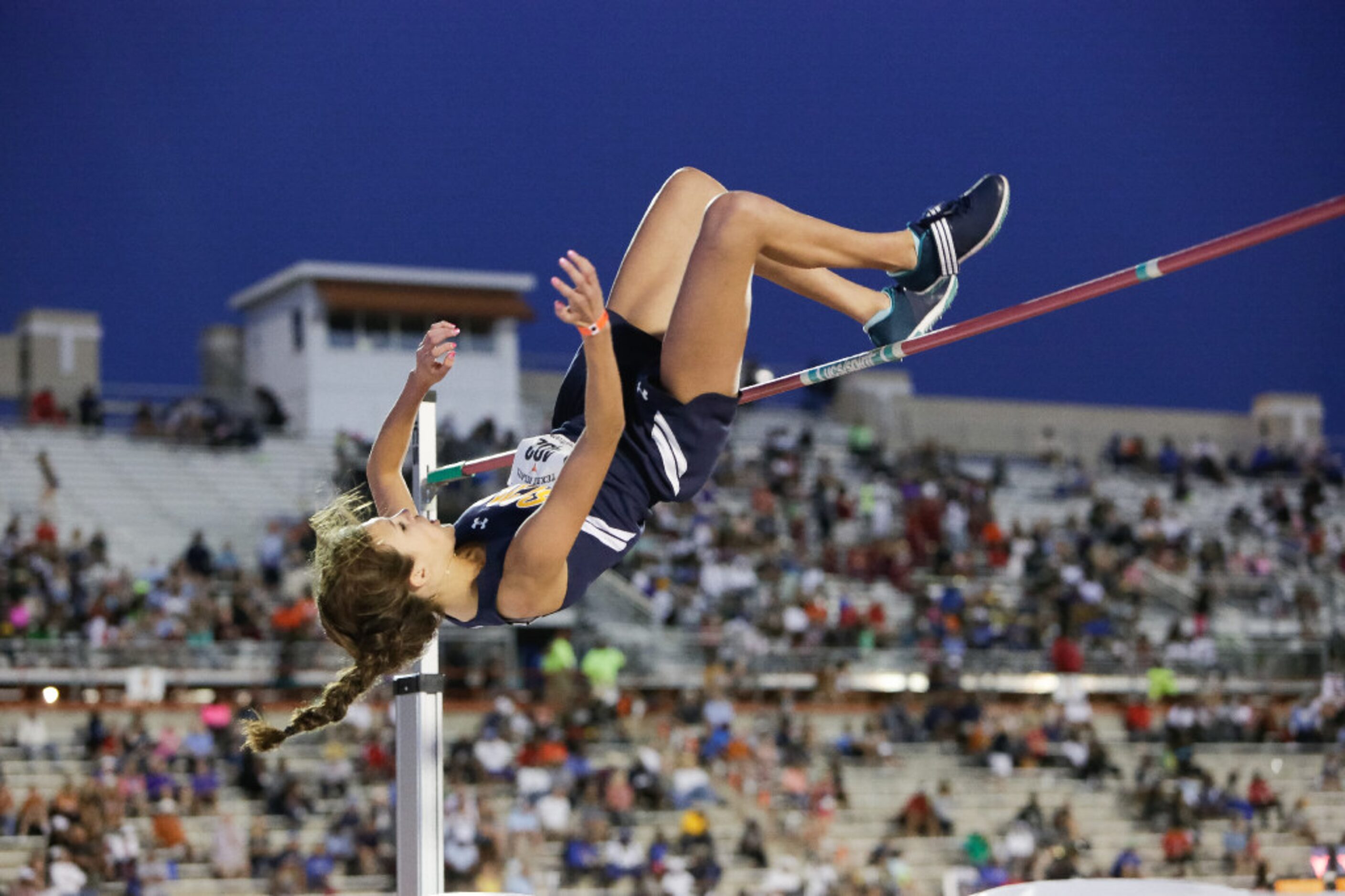 Highland Park senior Falyn Reaugh clears the bar at a height of 6'0" during the 2017 Texas...