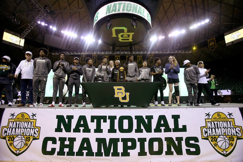 Baylor players are welcomed home inside the Ferrell Center, Monday, April 8, 2019, in Waco,...