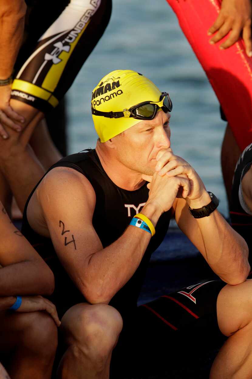 Seven-time Tour de France winner Lance Armstrong waiting for the start of the Ironman Panama...
