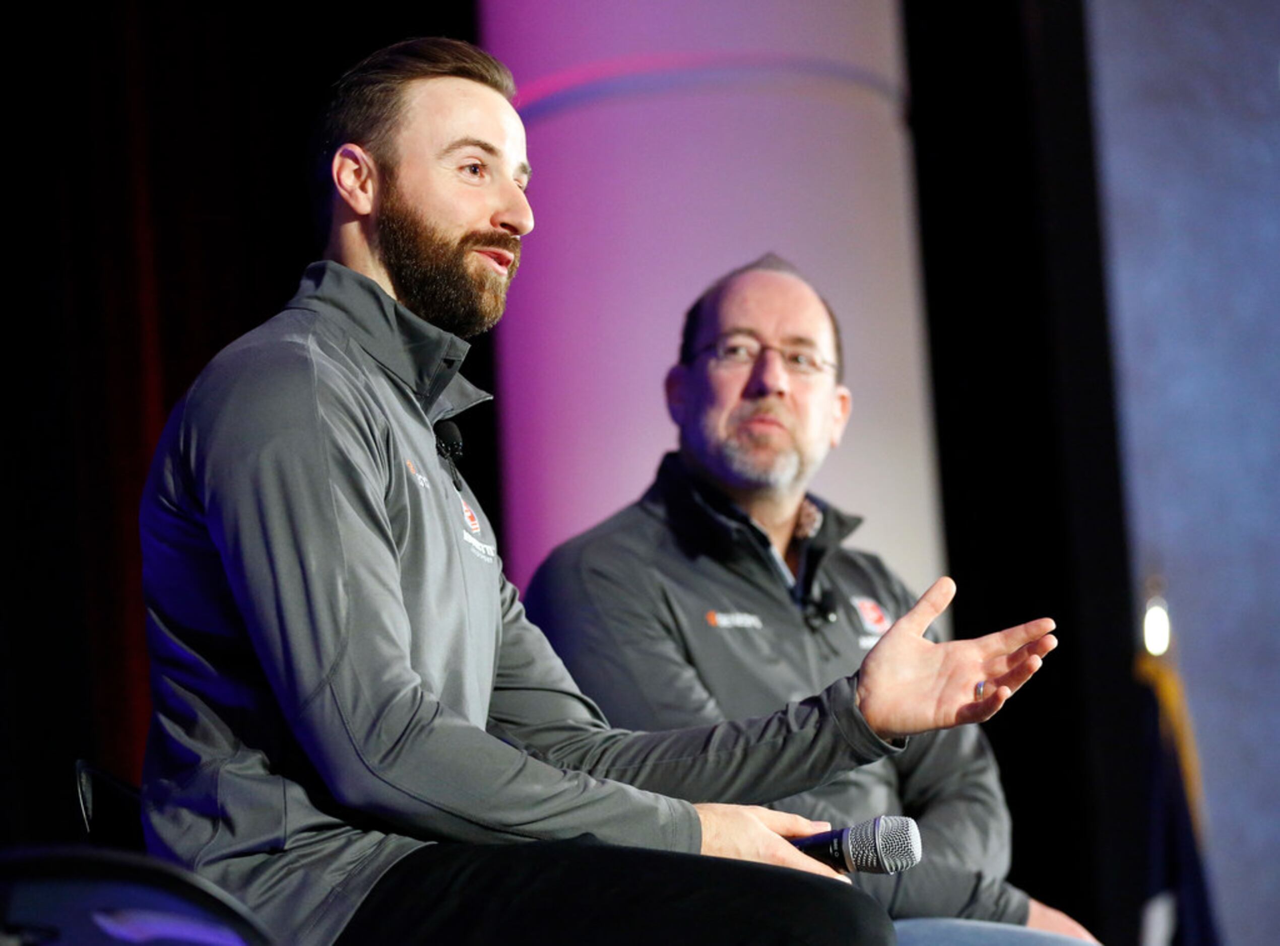 IndyCar Series driver James Hinchcliffe (left) and Genesys CMO Merijn te Booij answer...