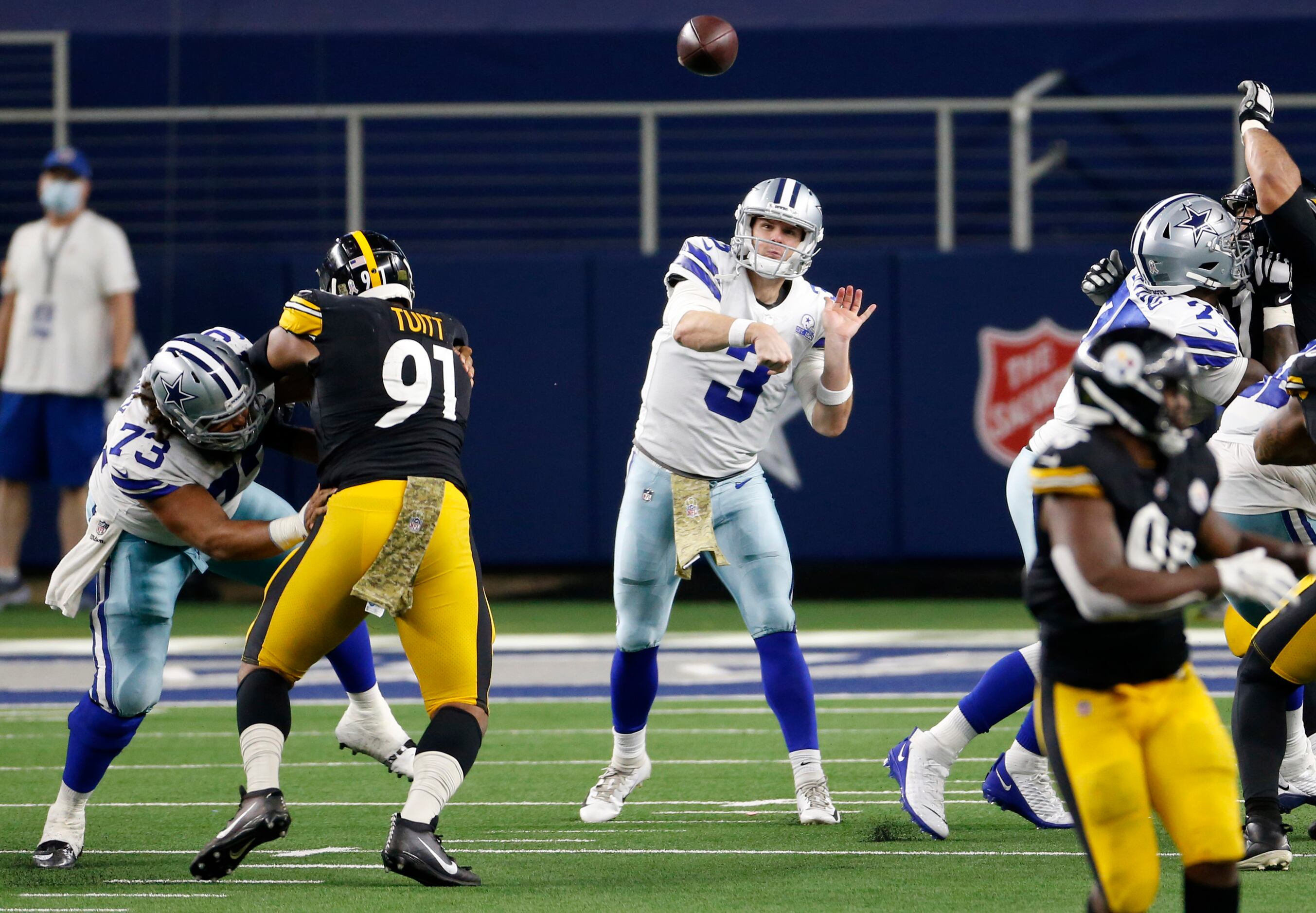 Dallas Cowboys quarterback Garrett Gilbert (3) attempts a pass in a game against the...