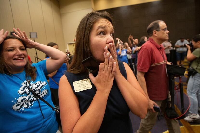 State Rep. Stephanie Clayton, D-Overland Park, reacts to Tuesday evening, Aug. 2, 2022, at...