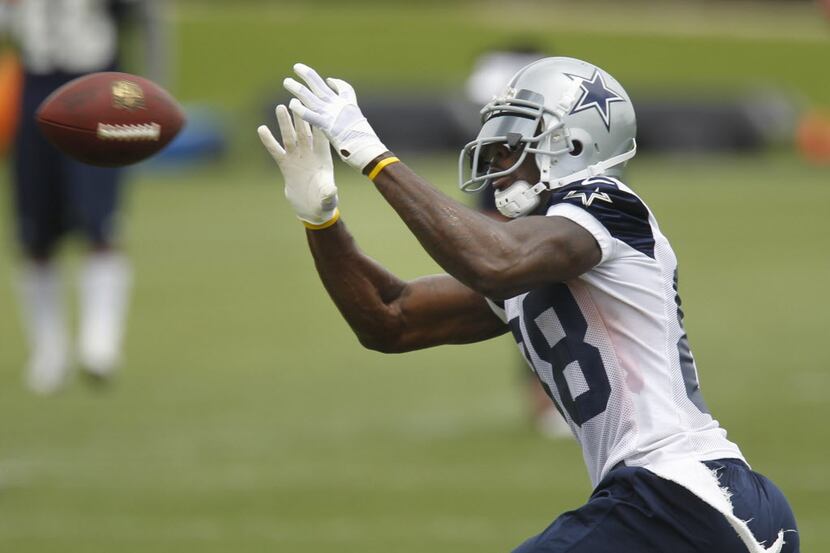 Receiver Dez Bryant catches a pass during Dallas Cowboys OTA's at Valley Ranch in Irving, on...
