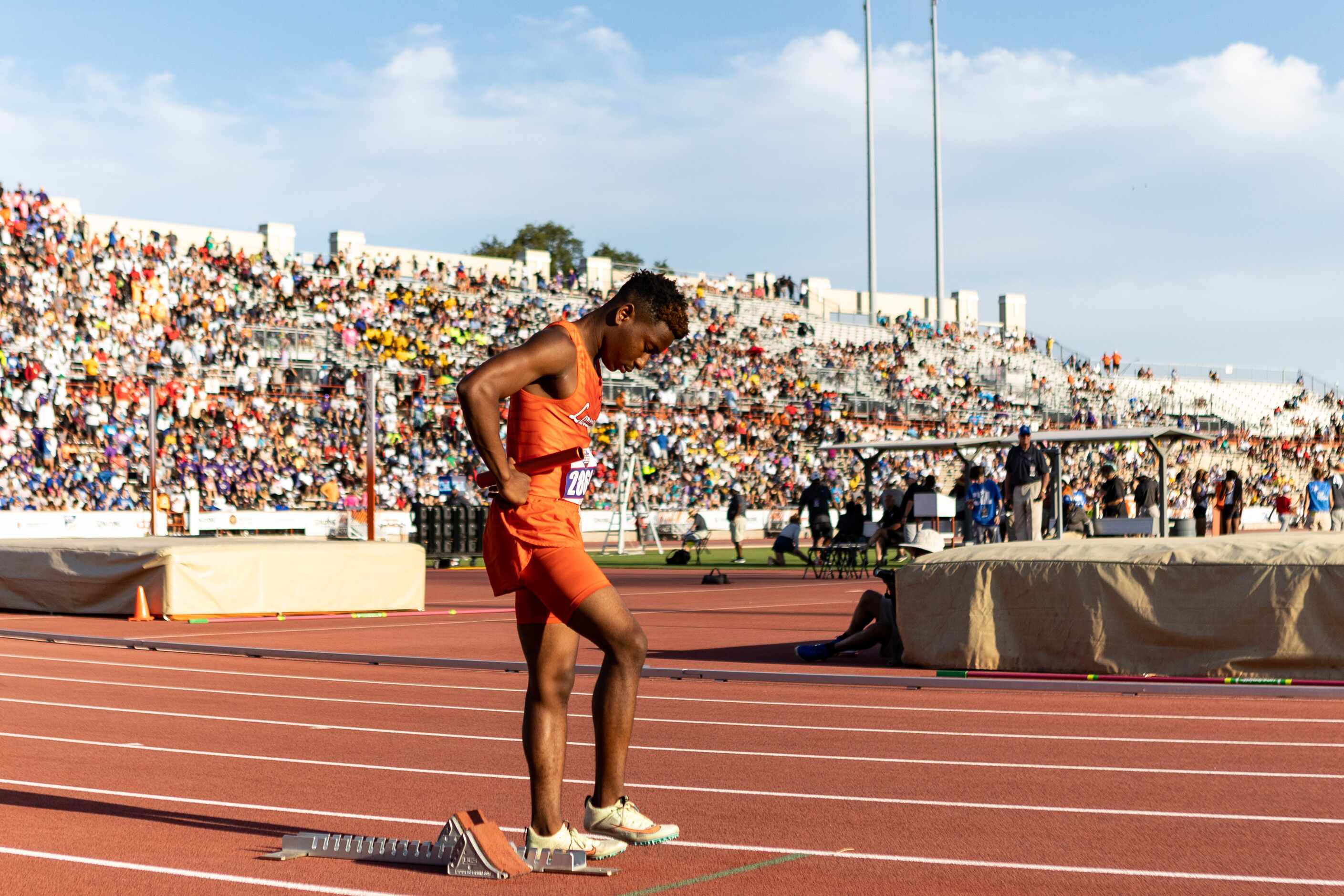 Nicholas Byrd of Lancaster prepares for the boys’ 4x200 relay at the UIL Track & Field State...