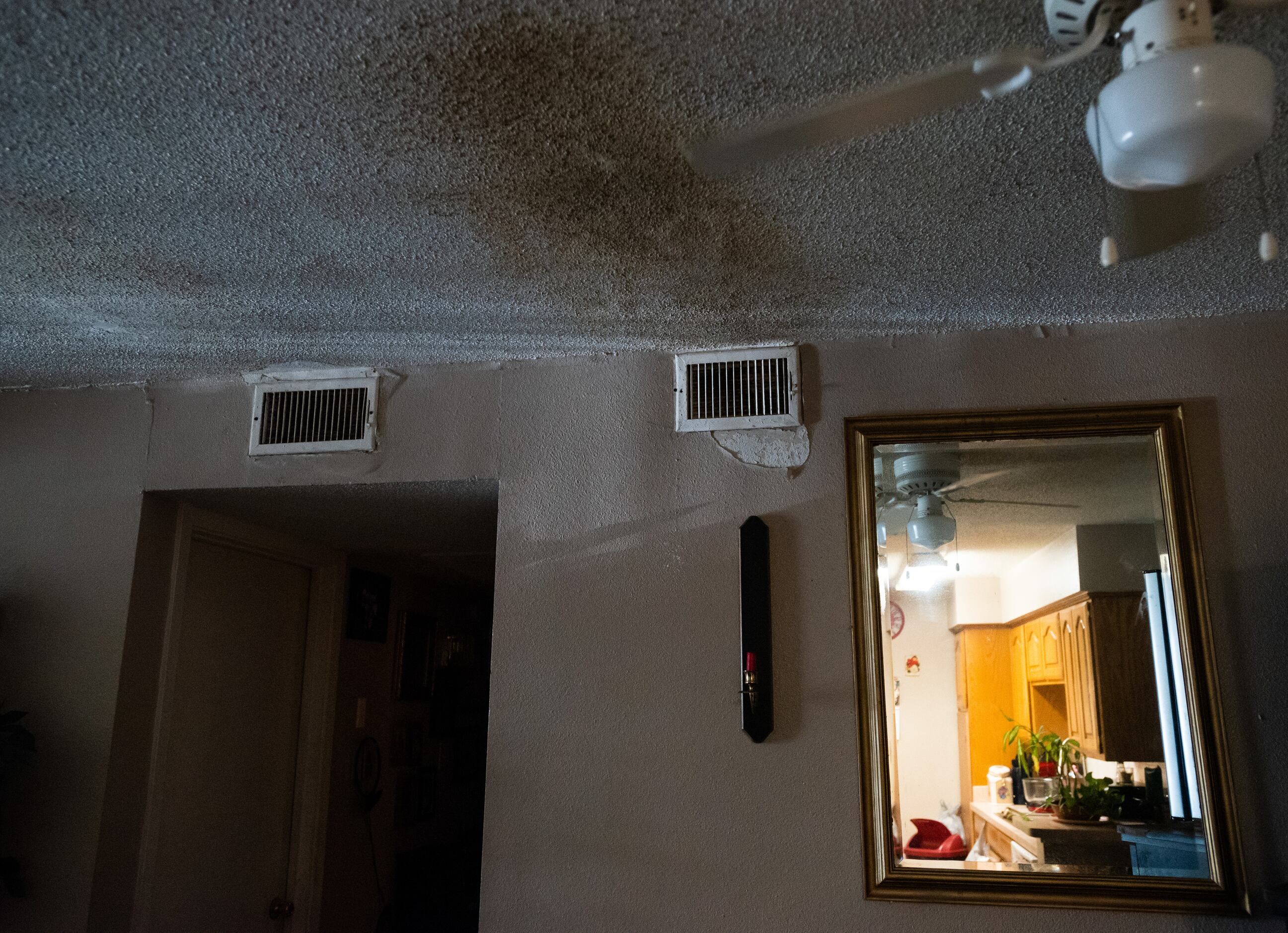 Mold damage on the ceiling from an air vent inside of a a unit at the Hillcrest apartments...