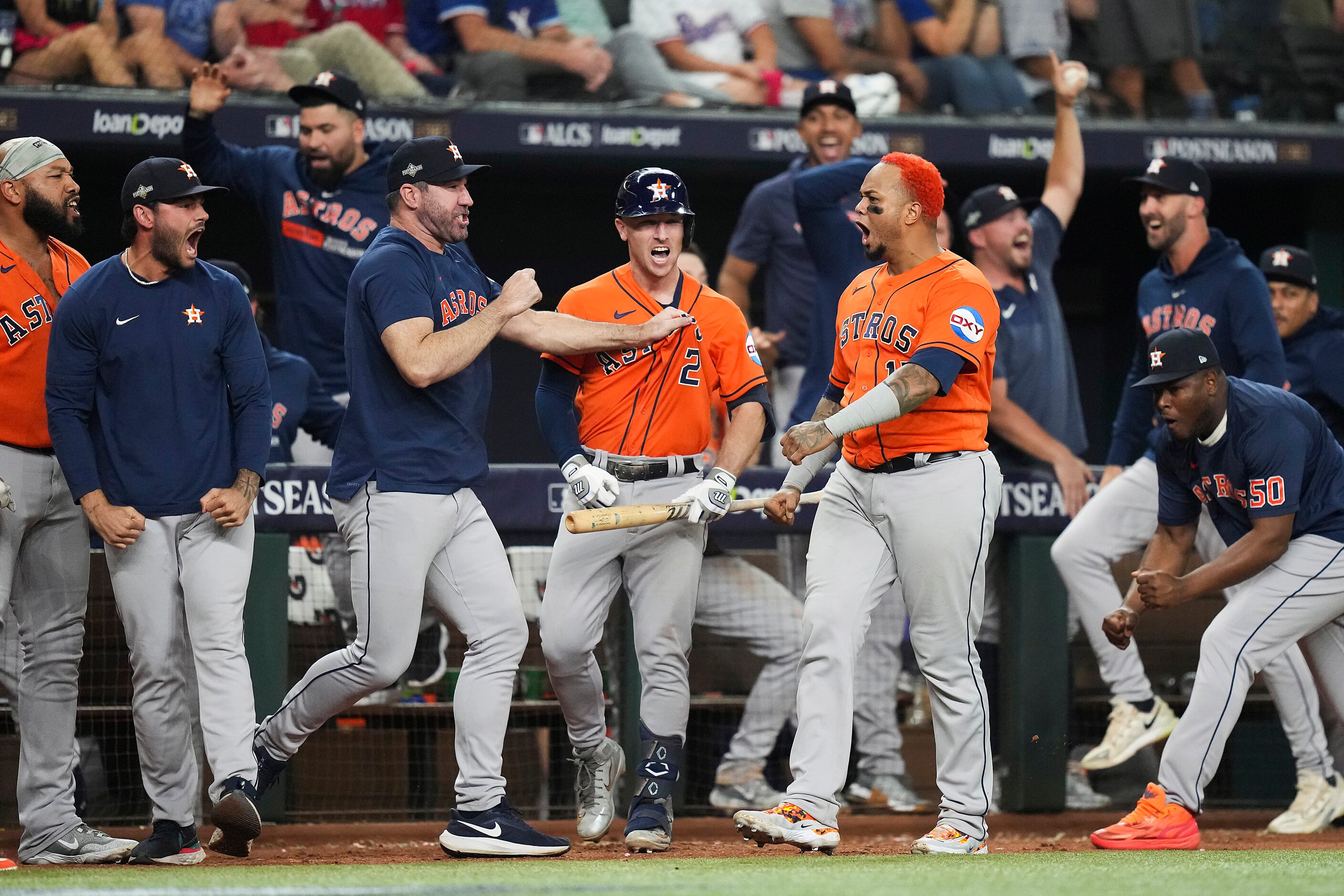 The Houston Astros bench, including starting pitcher Justin Verlander, third baseman Alex...