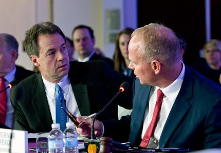 Gov. Steve Bullock speaks with Gov. Matt Mead of Wyoming during the National Governor...