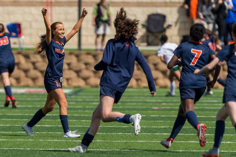Frisco Wakeland's Gracie Brian (17) celebrates a 3-0 win over Humble Kingwood Park during...