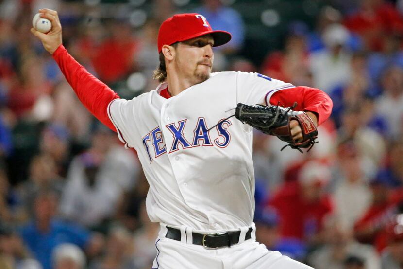 Texas Rangers relief pitcher Tanner Scheppers (52) is pictured during the Los Angeles Angels...
