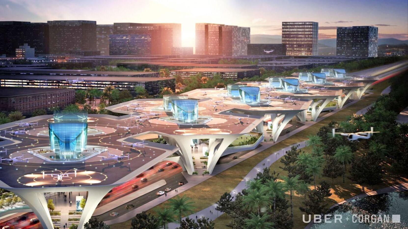 A design concept from Dallas architect Corgan for an Uber flying vehicle terminal.