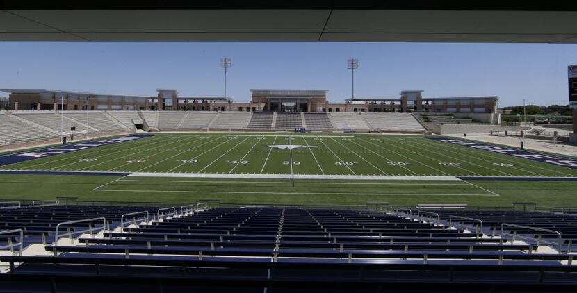 In this photo made Thursday, April 28, 2016, the Allen High School Eagle Stadium is shown in...