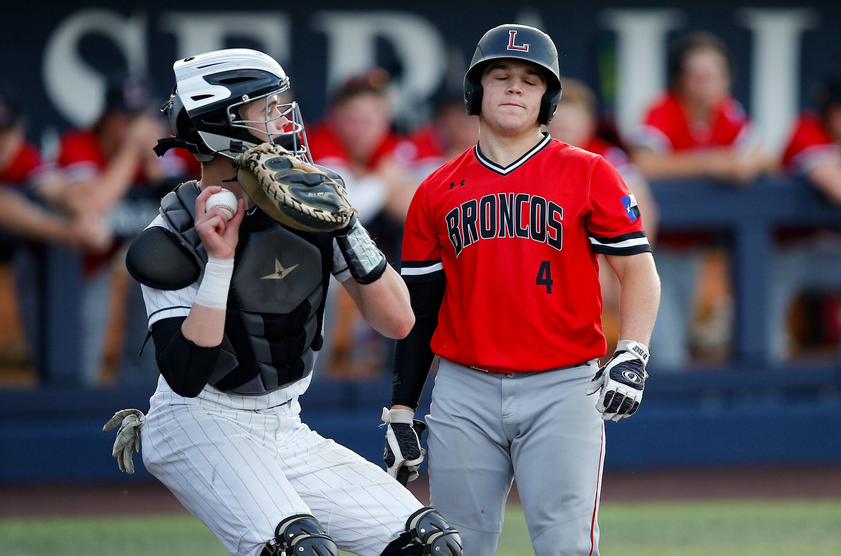 Mansfield Legacy’s Cameron Rusch (4) reacts after striking out during the seventh inning of...