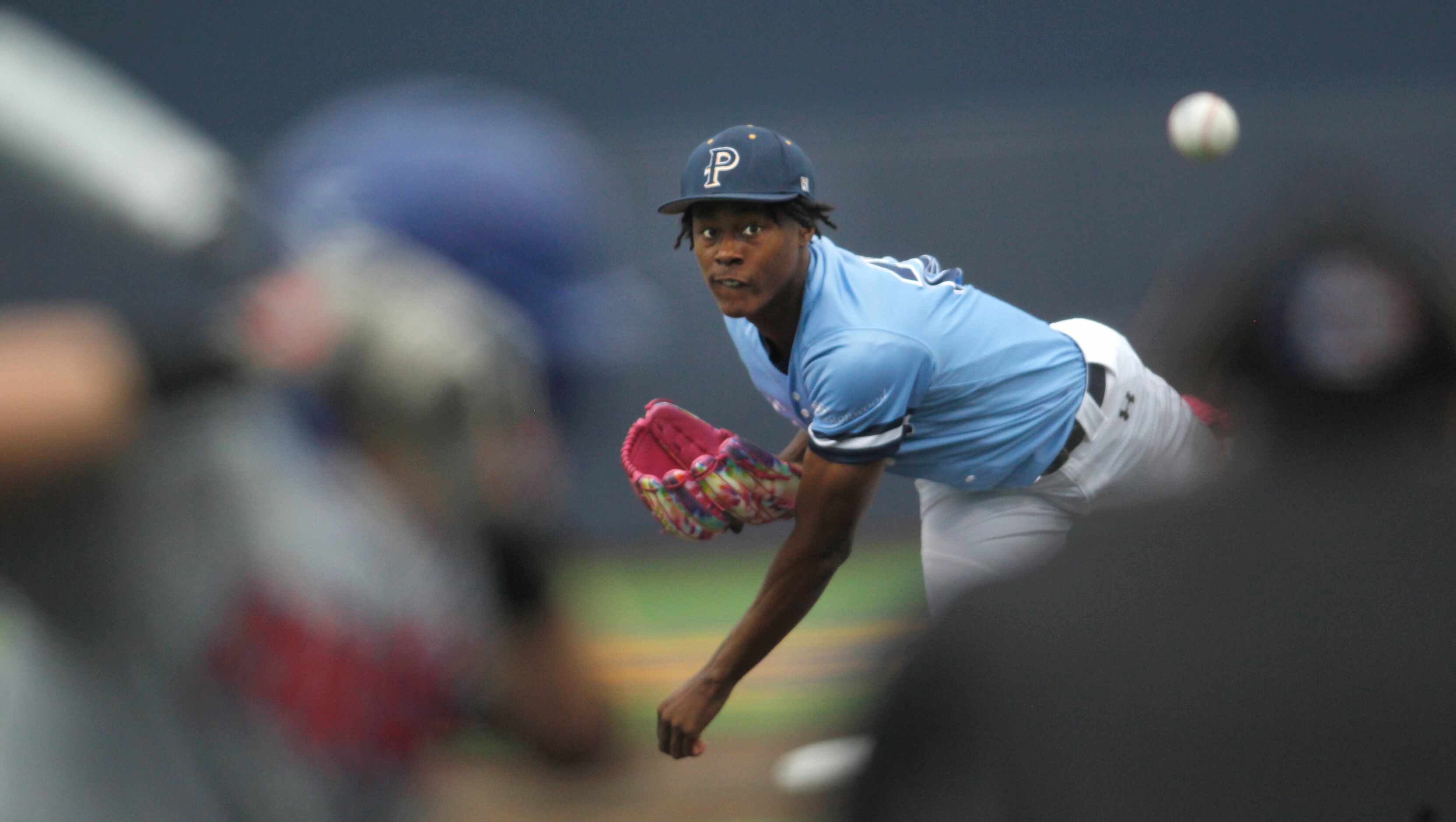 Prestonwood Christian Academy pitcher Xavier Mitchell (22) delivers a pitch to a Parish...