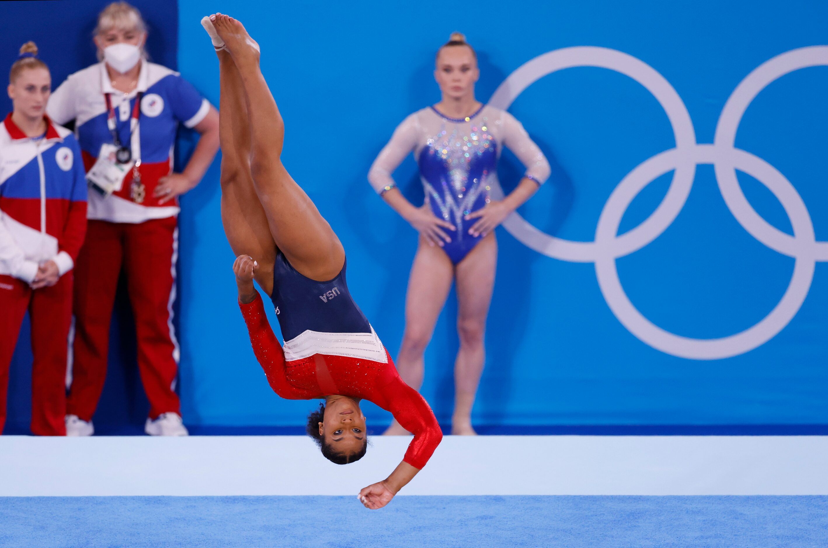 USA’s Jordan Chiles competes on the floor during the artistic gymnastics women’s team final...