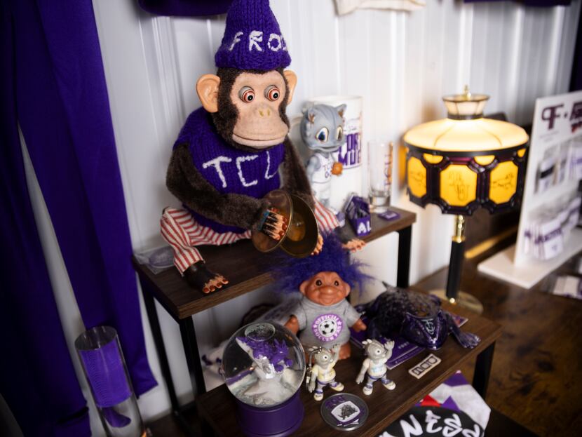 Various TCU toys and decor displayed in Lindsey Dixon's WareSpace in Fort Worth. 