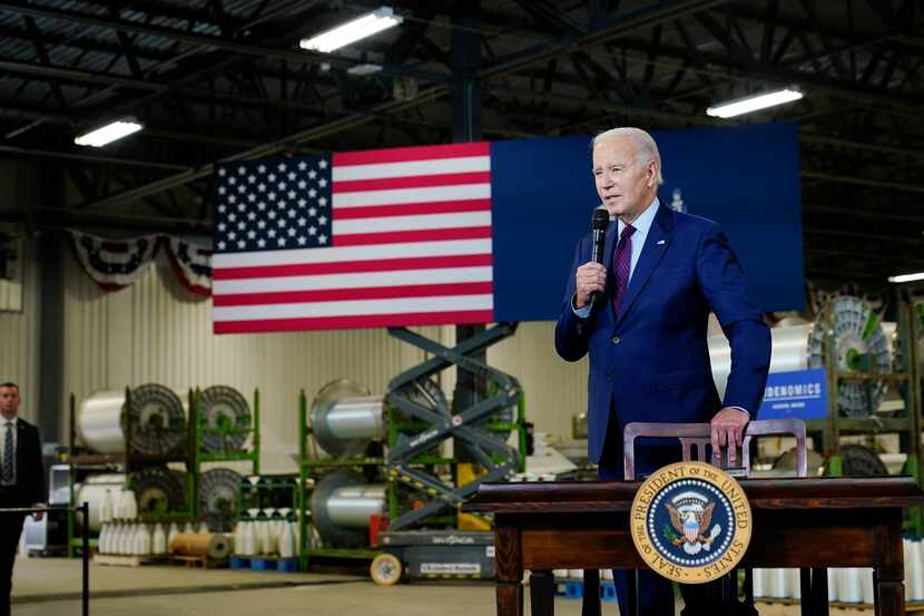 President Joe Biden speaks at Auburn Manufacturing Inc., in Auburn, Maine, on Friday before...