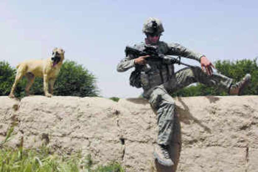U.S. Army Pfc. James Lifsey of Augusta, Ga., hops over a mud brick wall as Ranger, a stray...