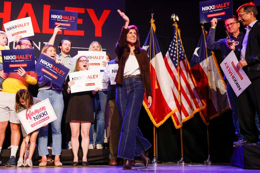 Republican presidential candidate Nikki Haley waves to the crowd as she takes the stage...