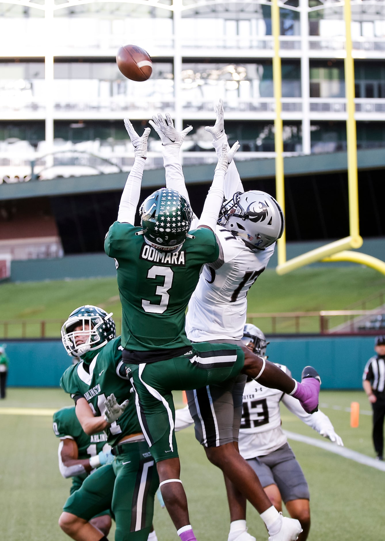 Denton Guyer safety Jaden Fuggett (17) intercepts a pass in the end zone intended for...