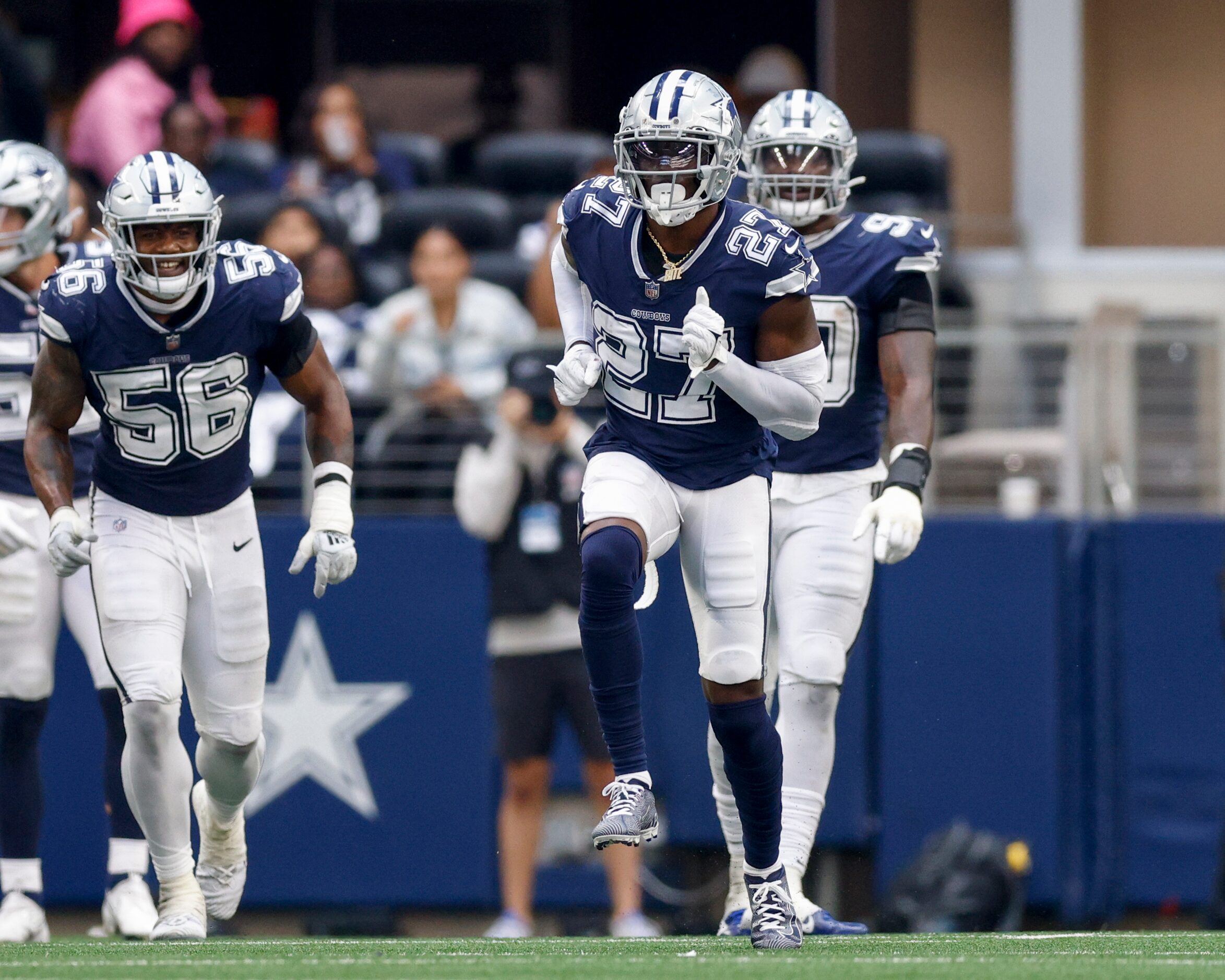 Dallas Cowboys safety Jayron Kearse (27) celebrates after sacking Chicago Bears quarterback...