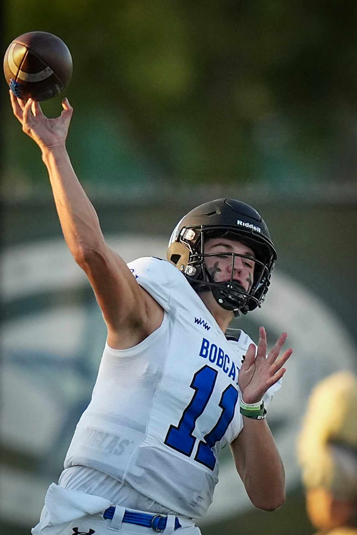 Trophy Club Byron Nelson quarterback Jake Wilson (11) throws a pass during the first half of...