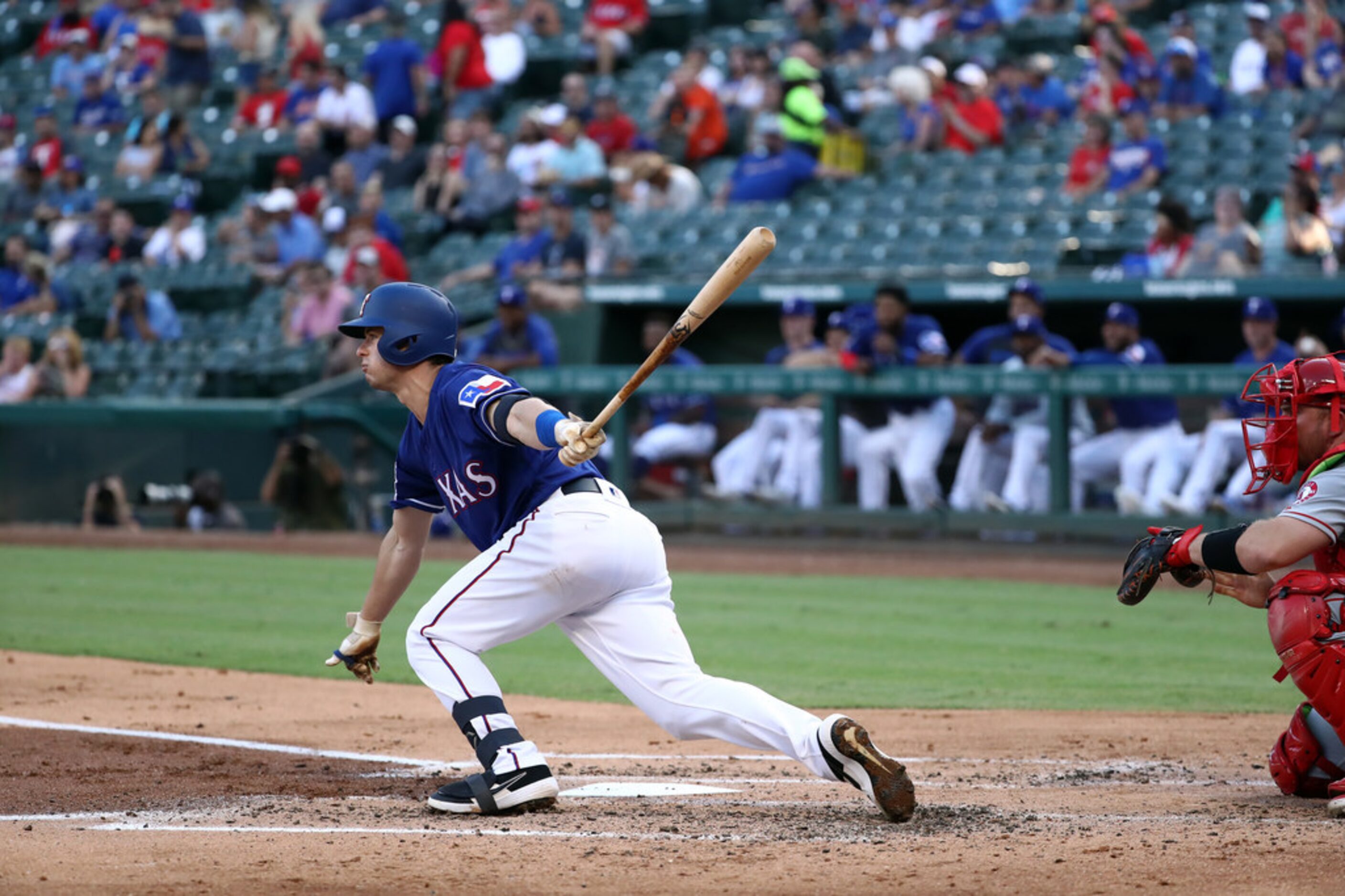 ARLINGTON, TEXAS - AUGUST 21:   Nick Solak #15 of the Texas Rangers hits a double against...