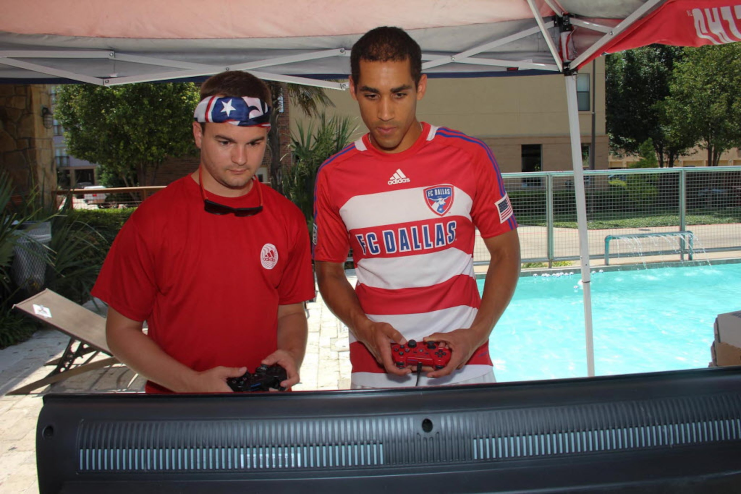 Drew Borselovini and Sean Leaks at the FC Dallas pool party benefitting FC Dallas Foundation...