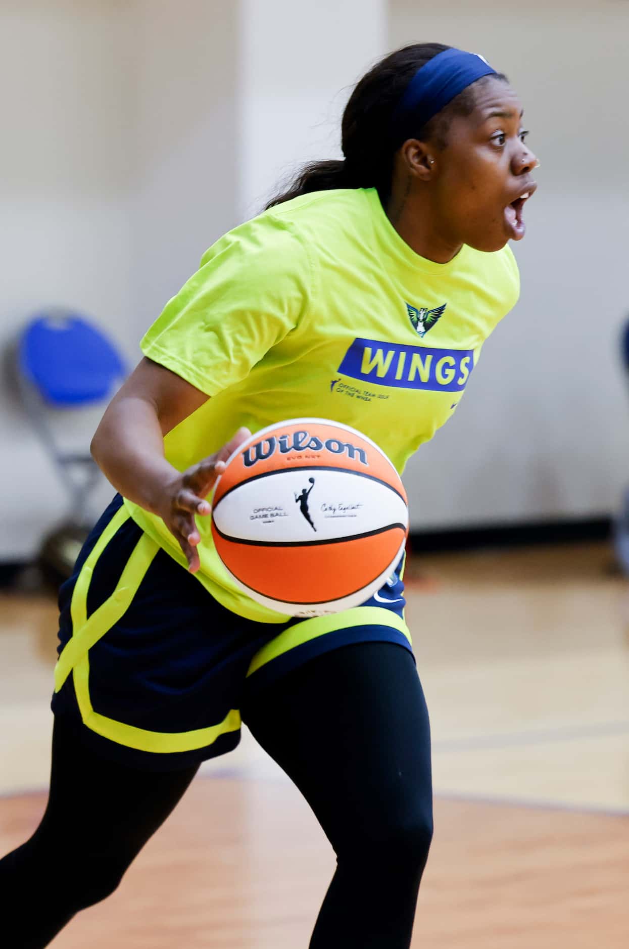 Dallas Wings guard Arike Ogunbowale dribbles during a training camp practice on Monday,...