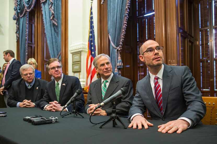 Senator Paul Bettencourt, Lt. Gov. Dan Patrick, Gov. Greg Abbott, and Speaker Dennis Bonnen...