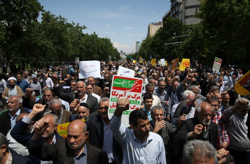 Iranian protesters chant during an anti-U.S. gathering after Friday prayer in Tehran.