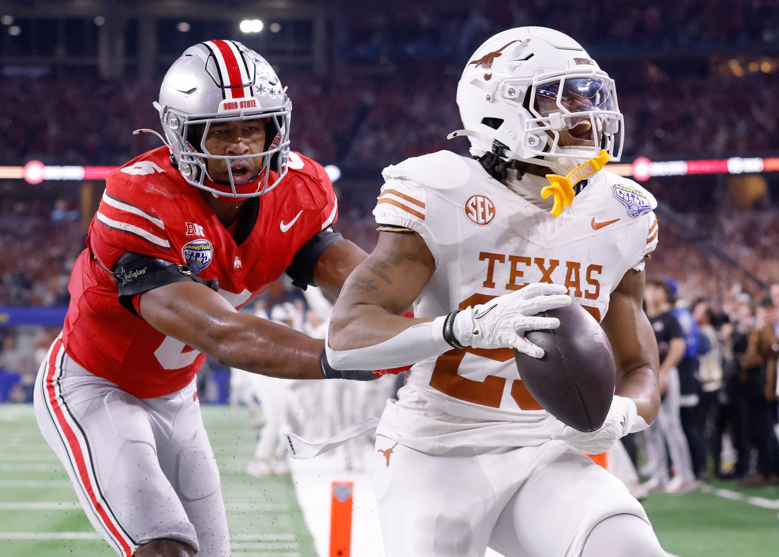 Texas Longhorns running back Jaydon Blue (23) reacts after catching a second quarter...